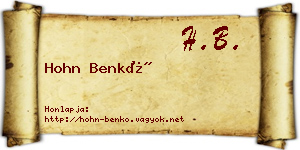 Hohn Benkő névjegykártya